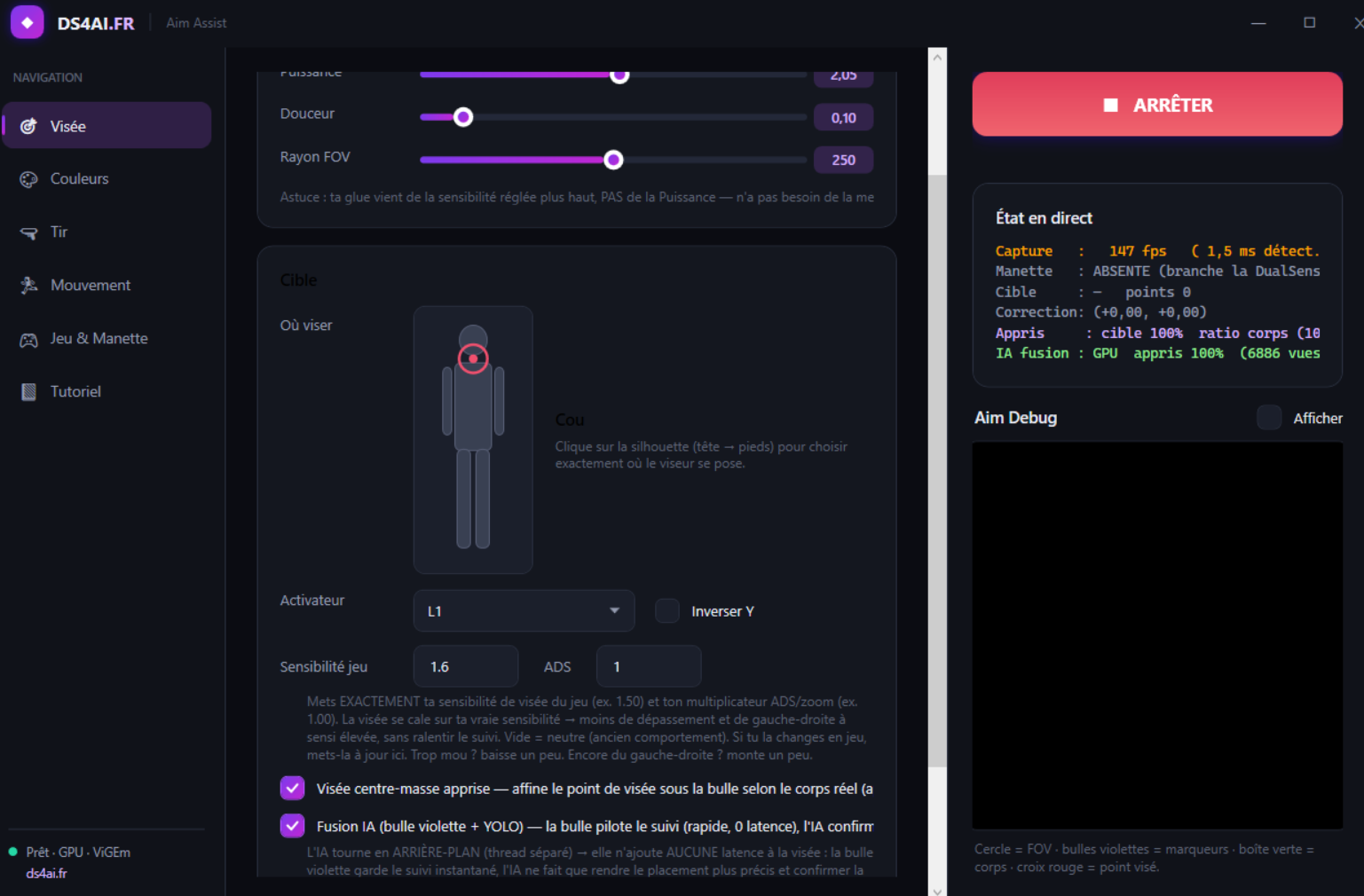 Nouvelle interface du logiciel DS4 AI avec réglages de visée, manette et état en direct